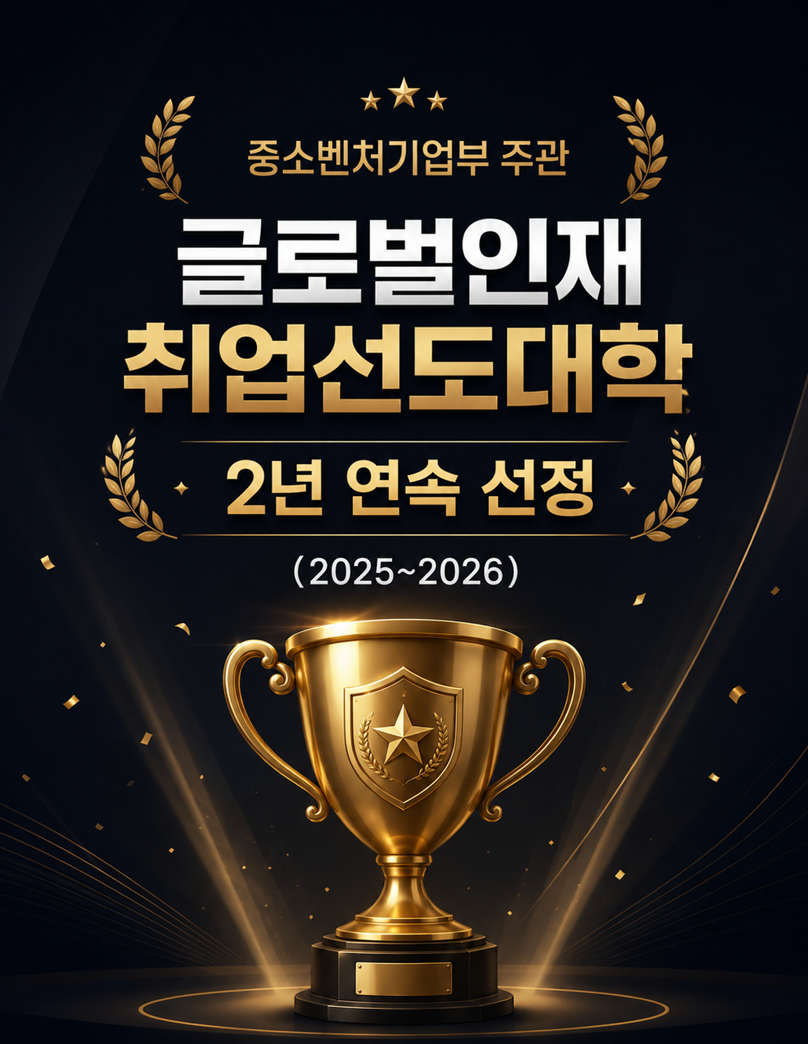 중소벤처기업부 주관
글로벌인재 취업선도대학
2년 연속 선정 (2025 ~ 2026)